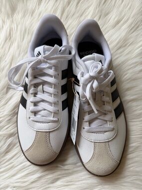 adidas White Sneakers with Black Stripes and Tan Accents